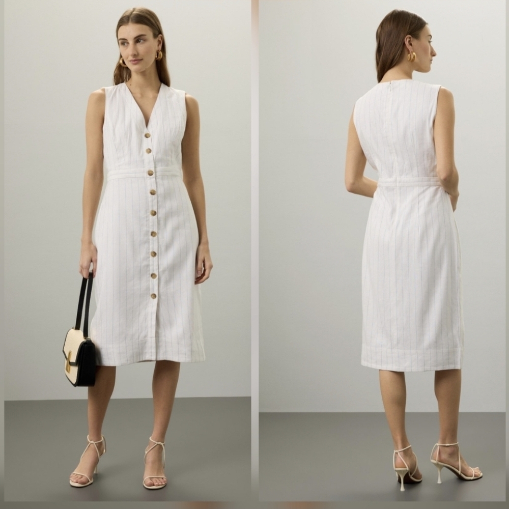 Club Monaco Button Front Pencil Dress Off-white Striped Cotton Size 0